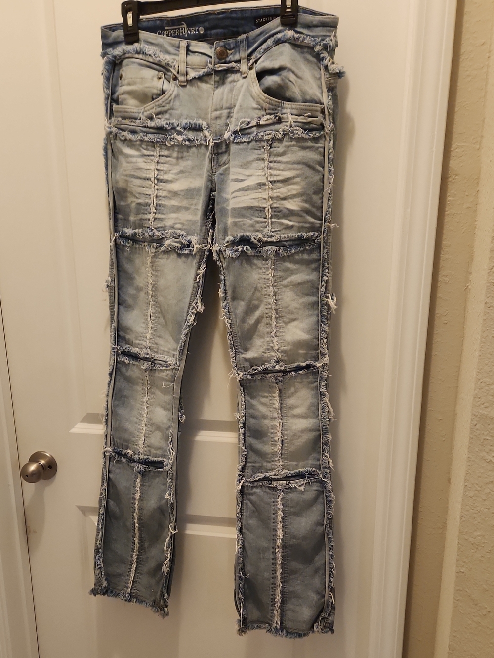 Copper Rivet Slim Patchwork Jeans in Light Blue